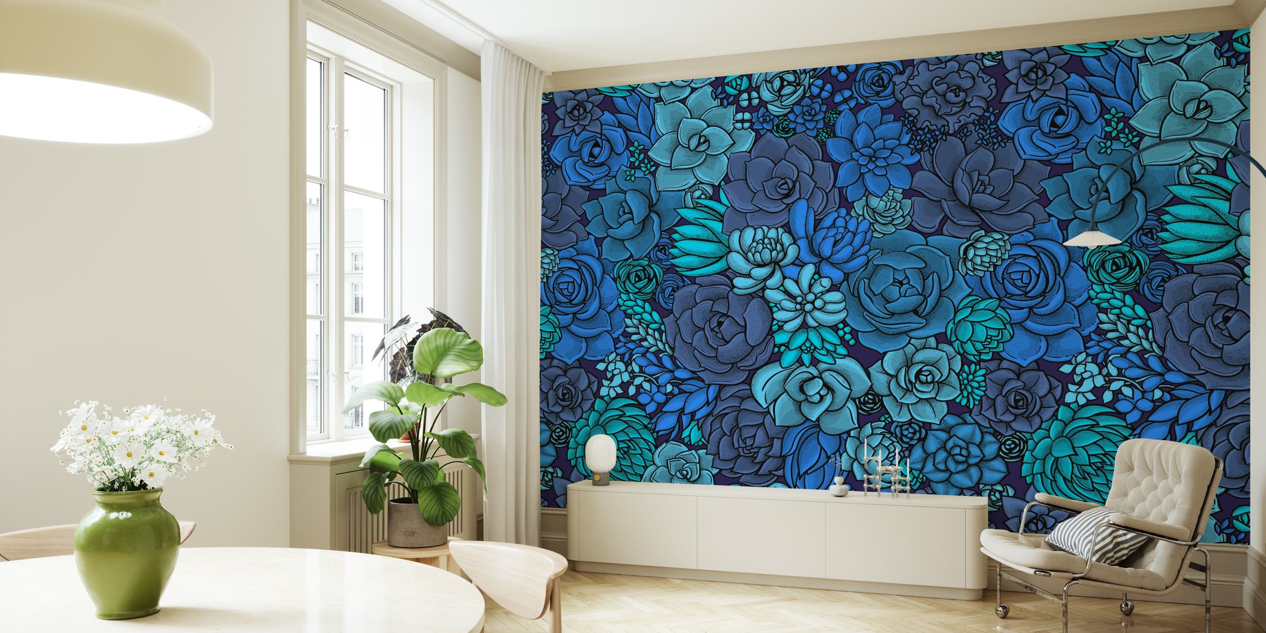 Succulent garden wallpaper in blue tones